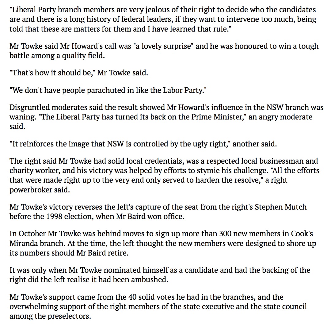 Captain_Chaos_X's tweet image. 1\ 🧵
Character assassination of Michael Towke by the Libs &amp;amp; media;  benefited Scott Morrison
Covers mainly the Telegraph &amp;amp; Herald plus AFR
The pattern of conduct and those responsible is evident
URL's in images
Liberal right captures retiring moderate's seat
re-tweet for effect