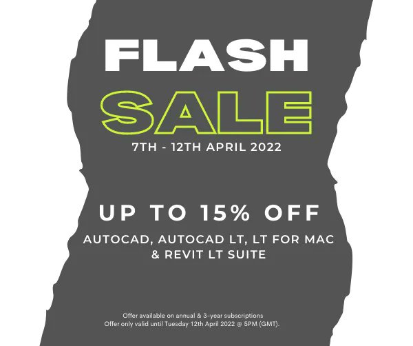 Quadra Solutions Ltd (@quadrasolutions) on Twitter photo ⚡️APRIL FLASH SALE STARTS NOW⚡️
15% off AutoCAD LT, LT for Mac, Revit LT Suite and AutoCAD!
From 7th April to 12th April 2022
Email: hello@quadrasol.co.uk subject line: Flash Promo ⚡️APRIL FLASH SALE STARTS NOW⚡️
15% off AutoCAD LT, LT for Mac, Revit LT Suite and AutoCAD!
From 7th April to 12th April 2022
Email: hello@quadrasol.co.uk subject line: Flash Promo