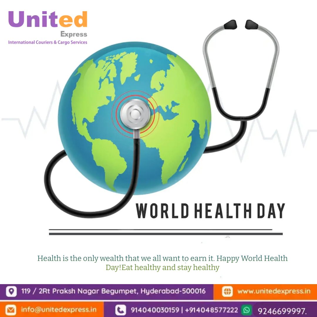 unitedxpresshyd's tweet photo. Health is the only wealth that we all want to earn it. Happy World Health Day!
#unitedexpress #international #courier #services #world #healthday https://t.co/ApwMa4mbz9
