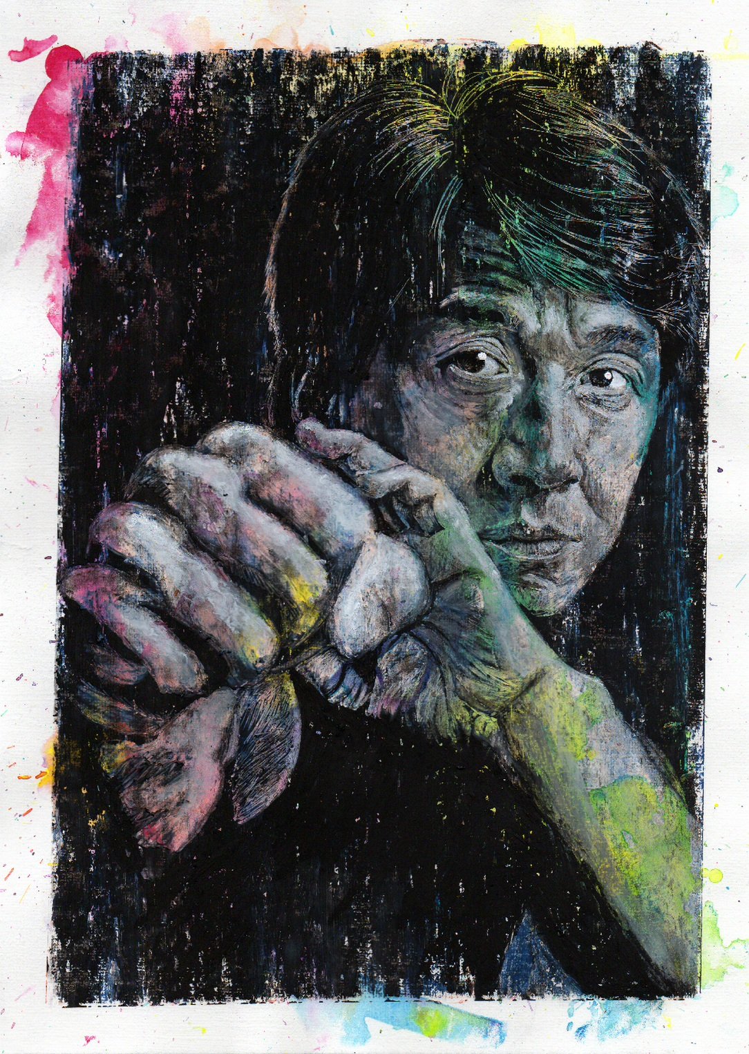 Happy 68th birthday Jackie Chan! This picture: oil and ink on acrylic paper, 21cm x 30cm. 