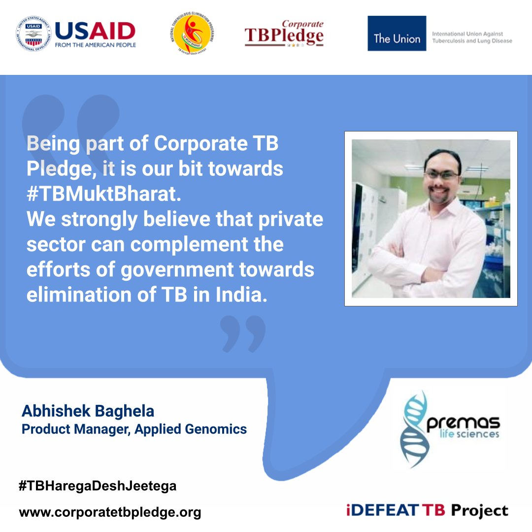 Excited to have <a href="/PremasLifeSc/">Premas Life Sciences</a> join the Corporate TB Pledge initiative in the gold category!
Apart from creating awareness, they will support the capacity building initiatives in the thrust areas of genomics-based surveillance for TB. 
#CorproateTBPledge #iDEFEATTB <a href="/usaid_india/">USAID India</a>
