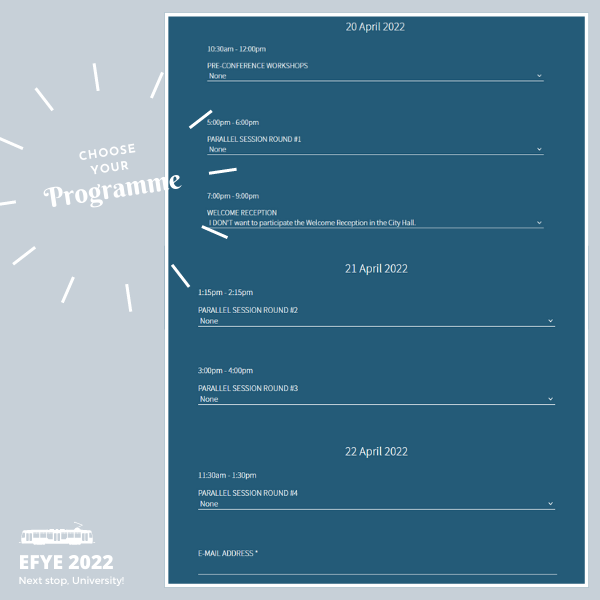 efye2022's tweet photo. To simplify the session capacities with regard to the COVID19 preventive concept, registered participants are kindly asked to register for sessions by 15 April: https://t.co/RIsRxYKTvz
Thank you very much for helping us to prepare for a smooth running of the #EFYE conference! ๐ฅฐ https://t.co/usk8JSQLxW