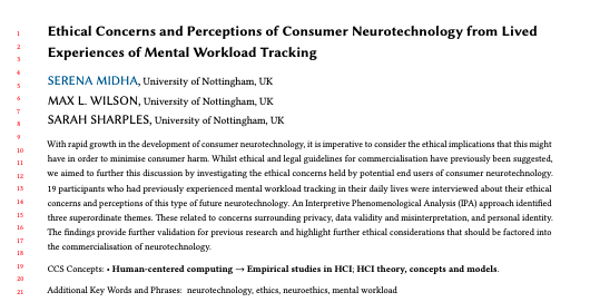 drmaxlwilson's tweet photo. WOOoo - @SerenaMidha 's #neuroethics paper (with myself &amp; @scsharples) accepted to ACM #facct2022 @FAccTConference 

"Ethical Concerns and Perceptions of Consumer Neurotechnology from Lived Experiences of Mental Workload Tracking" https://t.co/MSgGJKWfSs