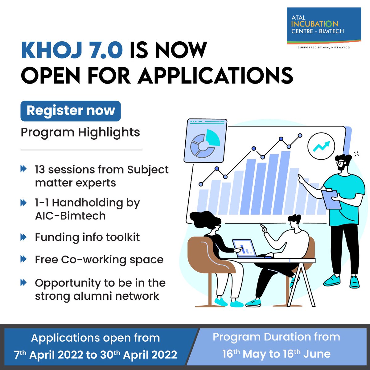 aicbimtech's tweet image. #khoj is Live. Here&apos;s your link to avail free co-working space #startuptoolkit #interactivesessions from SMEs 1-1 handholding and lot more.

Register Now: bit.ly/3LNQdIy

To know more, visit aicbimtech.com

#startupindia #startup #incubation #aim #Khoj