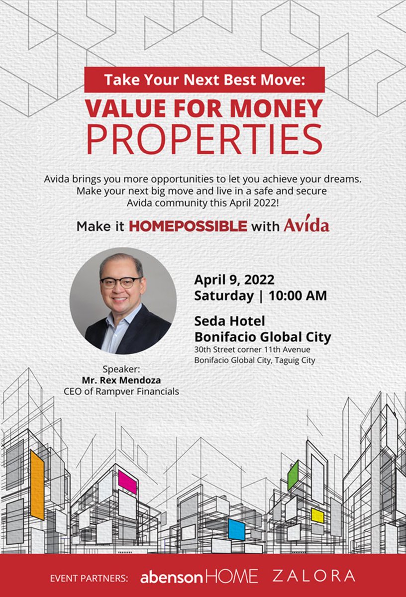 AvidaSalesPH's tweet photo. Avida brings you more opportunities to let you achieve your dreams this coming April 9, 2022 (Saturday).  Let us talk at Seda Bonifacio Global City and make your next best move in a value for money address with the help of industry expert, Mr. Rex Mendoza. https://t.co/2xLGVffzBB