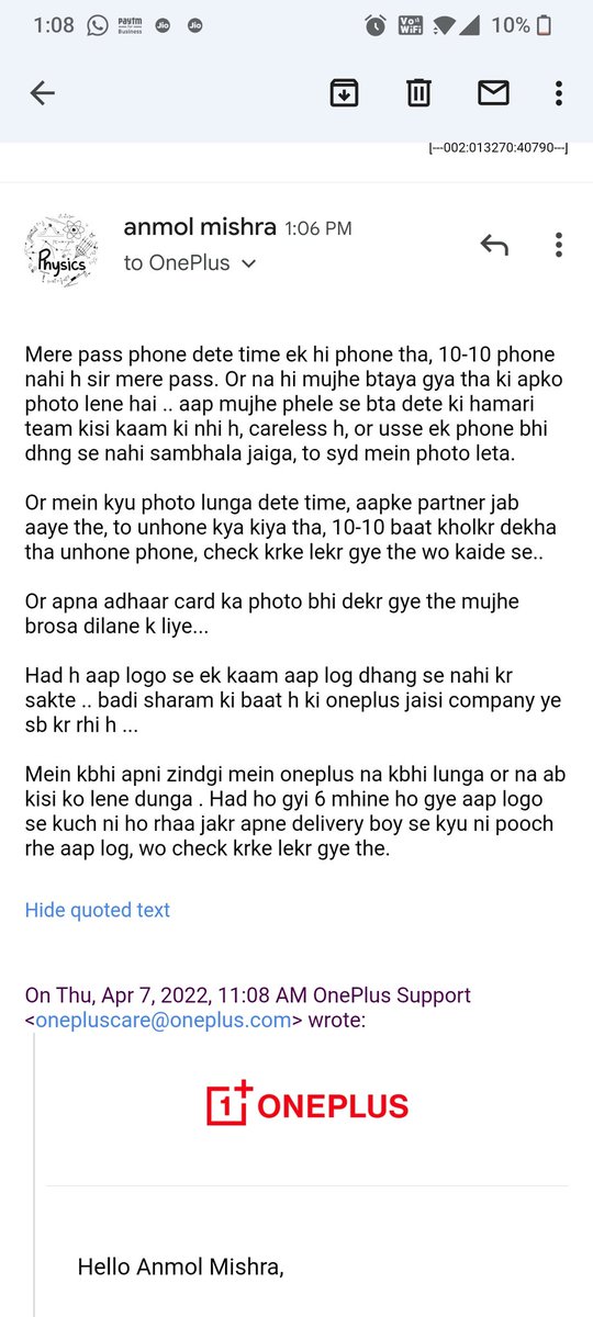 Anmol20oct's tweet photo. @OnePlus_Support @OnePlus_IN @PeteLau jab saare kaam mein hi krunga to aap salary kis bat ki le rhe h waha beth kar. Mere pass ek hi phone h ye kaam apki team ka hai ki wo phone check kre or wo krke bhi lekr gye the.. 6 mhine ho gye or in logo se kuch nahi ho rha . https://t.co/ZunkA9LwPM