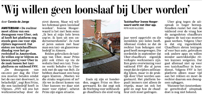 zelfstandigecha's tweet photo. Weer een mooi artikel @Telegraaf: 'Wij willen geen loonslaaf bij Uber worden.' Over een paar weken luistert ook de rechter naar de chauffeurs.
#Taxi #zelfstandig #rechtbank https://t.co/yXIT19IlZa