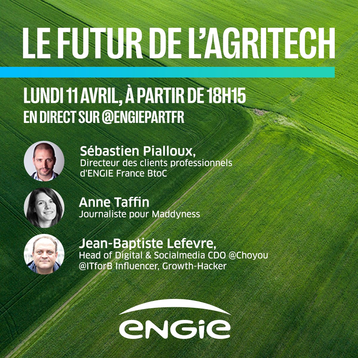 ENGIEpartFR's tweet photo. 🔮Quelle agriculture pour 2070 ?

@sebpialloux, @jblefevre60 et @anne_taff vous invitent à un #TwitterSpaces inédit consacré au futur de l’#agritech ! 🍃

🗓 Le 11/04, à partir de 18h15
🔴En direct sur @ENGIEPartFR

CC @bymaddyness #JAgisAvecENGIE https://t.co/QoXMVX0GwO