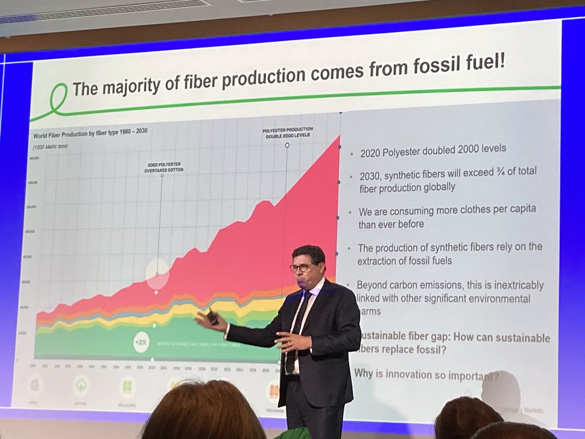 pricetapstudio's tweet photo. The majority of fiber production comes from fossil fuel! - Robert van de Kerkhof, Lenzing Group #TextileAndFashionForumHelsinki @TekstiiliMuoti https://t.co/Pb6Vo9V38a