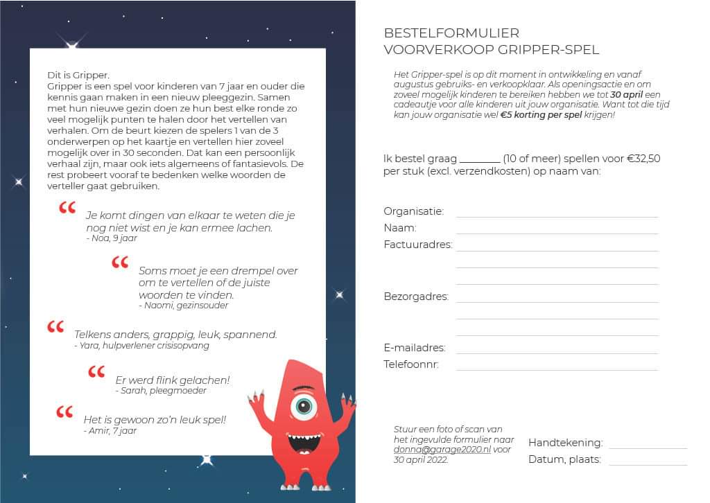 Garage2020's tweet photo. Hoera! @samentoekomst is van start gegaan. En #Gripper, een kennismakingsspel voor kinderen die naar een pleeggezin gaan, kan alléén op dit evenement door iedereen met korting besteld worden. (En tot eind april door organisaties). Tot ziens op #stm2022 https://t.co/vAlfUnuFk8