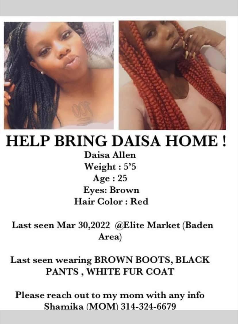 iKristinatose's tweet image. #Daisa is a black female, approximately 5’5” &amp;amp; 135lbs. She has straight red hair and was last seen wearing black pants, a white jacket, and brown boots. She was last seen driving a 2005 White Mercury Montego. Any information can also be reported to the police at 314-444-0001.