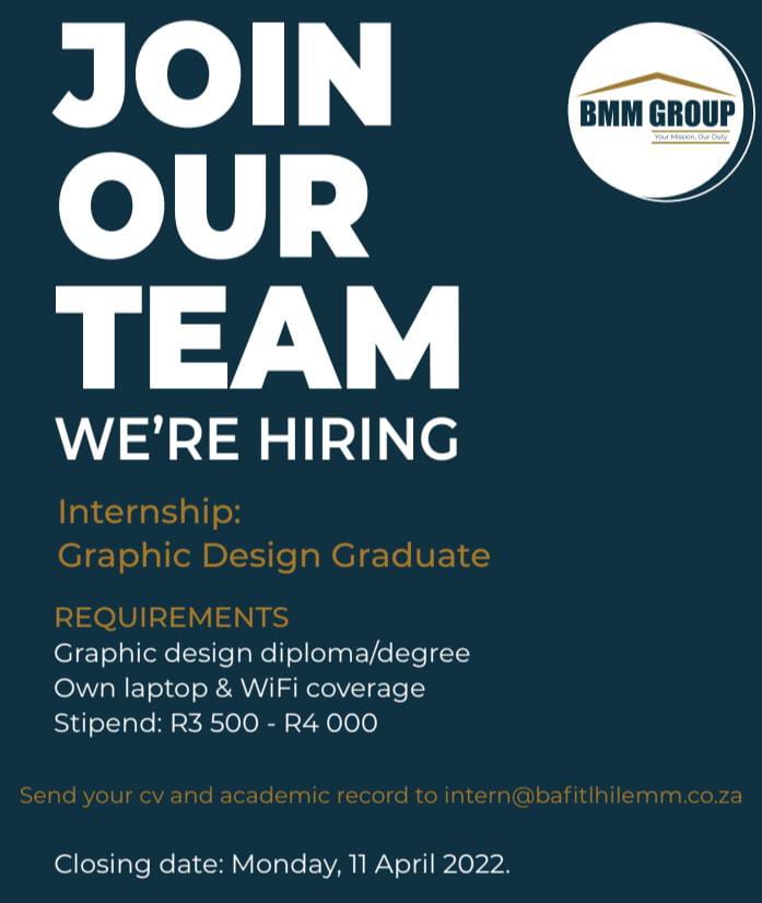 BMM_Events's tweet photo. Be sure to take up the opportunity to join the team. 

Send your CVs to Intern@bafitlhilemm.co.za 

#JobFairSA 
#JobSeekersSA https://t.co/WZrvtKdCk0