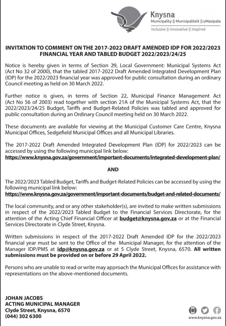 KnysnaMuni's tweet photo. INVITATION TO COMMENT ON THE 2017-2022 DRAFT AMENDED IDP FOR 2022/2023 FINANCIAL YEAR AND TABLED BUDGET 2022/2023/24/25 https://t.co/kXp1m0hrKn