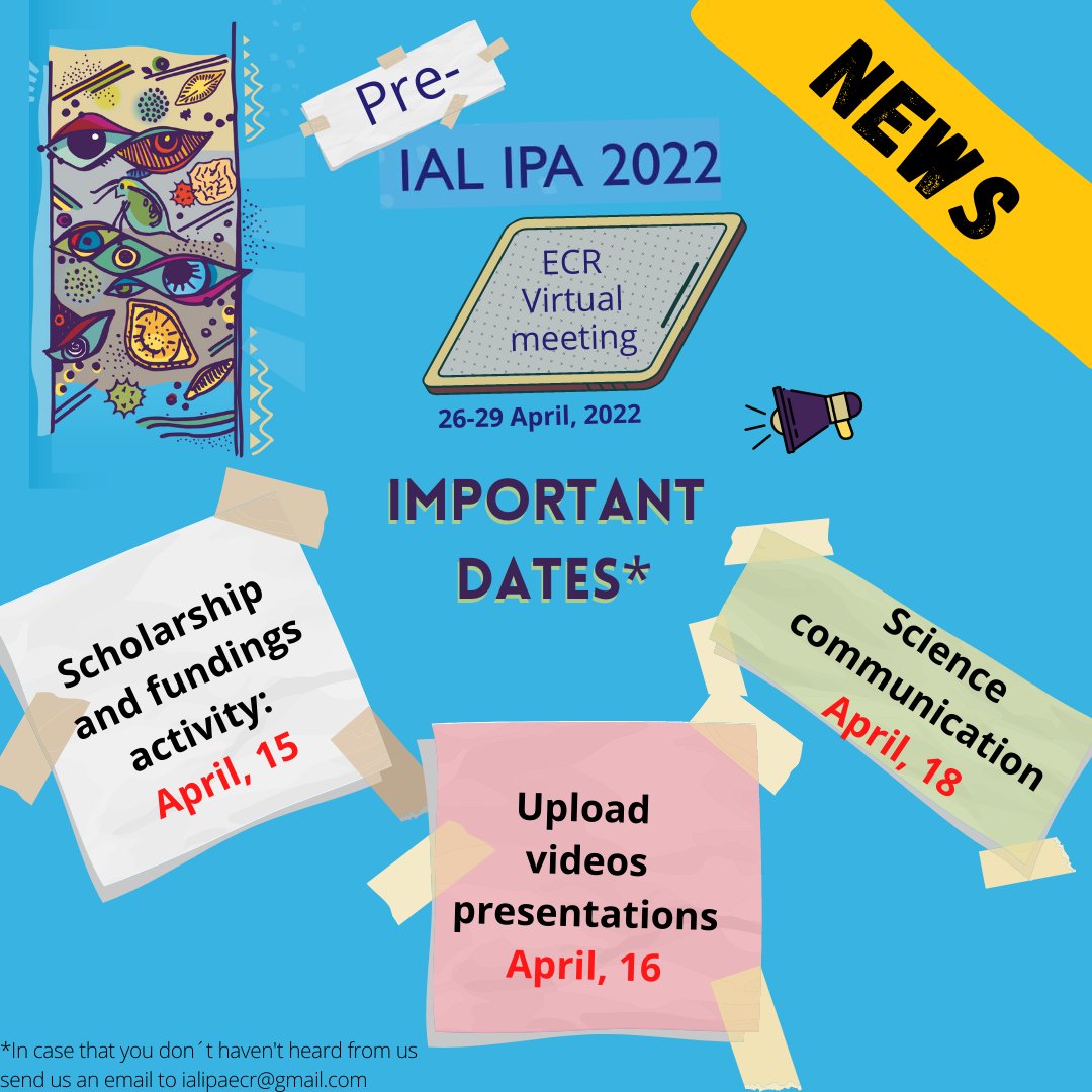 ial_ipa's tweet photo. Calling delegates! #PREIALIPA is closer than it seems and the meeting has lots of cool activities for all participants! Don´t forget the deadlines, and remember that if you have not heard from us, or if you need any more info, drop us an email: ialipaecr@gmail.com
#ECR #IALIPA https://t.co/iNtA9Tb4Kk