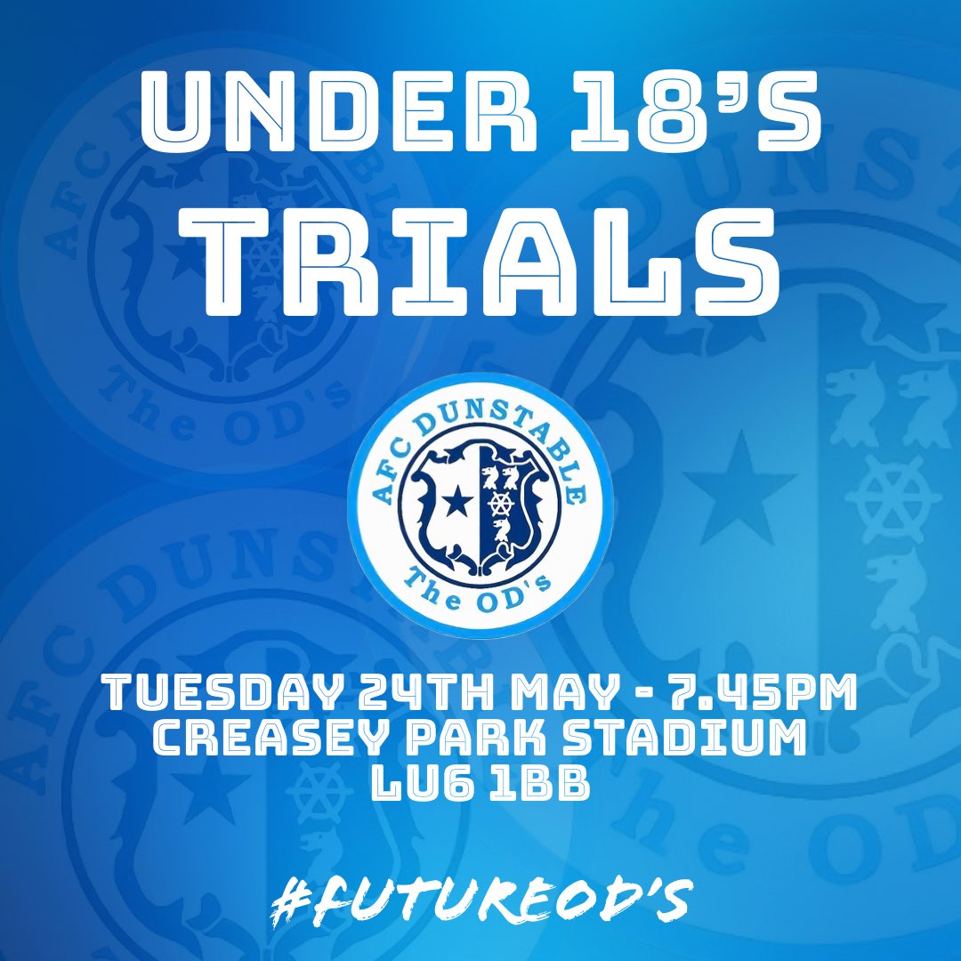 AFCDunstable's tweet photo. 🔵⚽️ UNDER 18's TRIAL DATE ⚽️🔵

First trial date for the @afcdunstableu18 side for the 2022 - 2023 season

#futureODs https://t.co/1XYXB73xcq