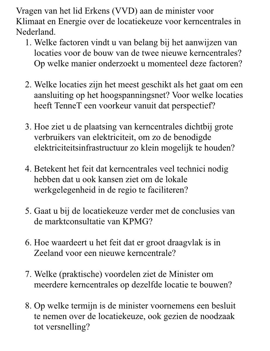 De bouw van de twee nieuwe grote kerncentrales in Nederland gaat te langzaam. Vorige week heb ik vragen gesteld over de benodigde kenniswerkers en experts die we nodig hebben. Nu heb ik vragen ingediend over hoe de overheid de locatie gaat kiezen hiervoor👇. Tempo!