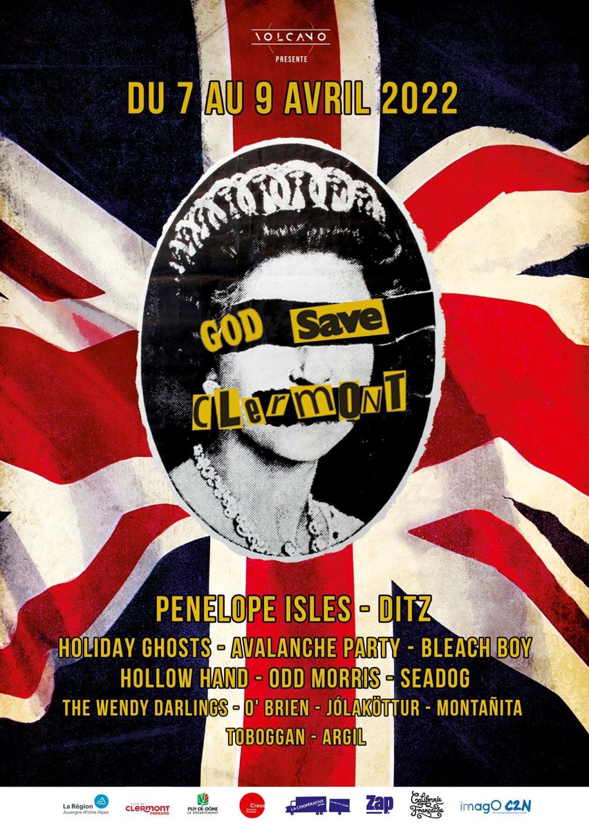pierreandrieu's tweet photo. Le festival #GodSaveClermont se tient du 7 au 9 avril à Clermont-Fd avec une prog excitante : @PenelopeIsles @ditzband #HolidayGhosts @Seadog #BleachBoy #Montañita @hollowhand #TheWendyDarlings #AvalancheParty #Jolakottur etc. Prog complète et écoute ici : https://t.co/W4E7u8vh91 https://t.co/9oyHofm1XK