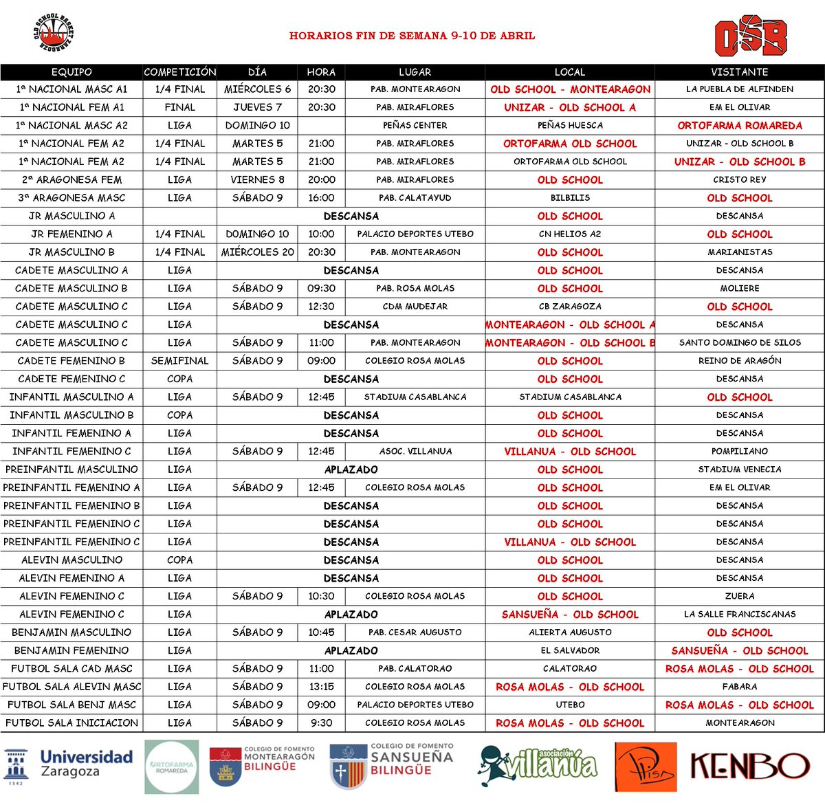 oldSchoolBasket's tweet photo. 🔥OLD SCHOOL WEEKEND🔥
Horarios fin de semana 9 y 10 de abril. Suerte Oldschoolers🏀⚽️.
#finals #oldschoolweekend #letsgoldschool #oldschoolfamily #oldschoolspirit https://t.co/fsuE8URpOg