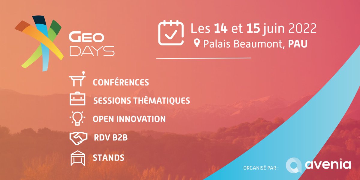 🌍Notre institut #Carnot ISIFoR soutient les GEODAYS 2022 du <a href="/PoleAvenia/">PoleAvenia</a>🌍
---
✨100% présentiel au <a href="/PalaisBeaumont/">Palais Beaumont</a> de Pau
✨14 &amp; 15 juin
✨Pour les acteurs des industries du sous-sol
✨RDV B2B➕Open Innovation➕Conférences
✨Pays invité d'honneur 🇪🇸
---
👉geodays-event.com/fr