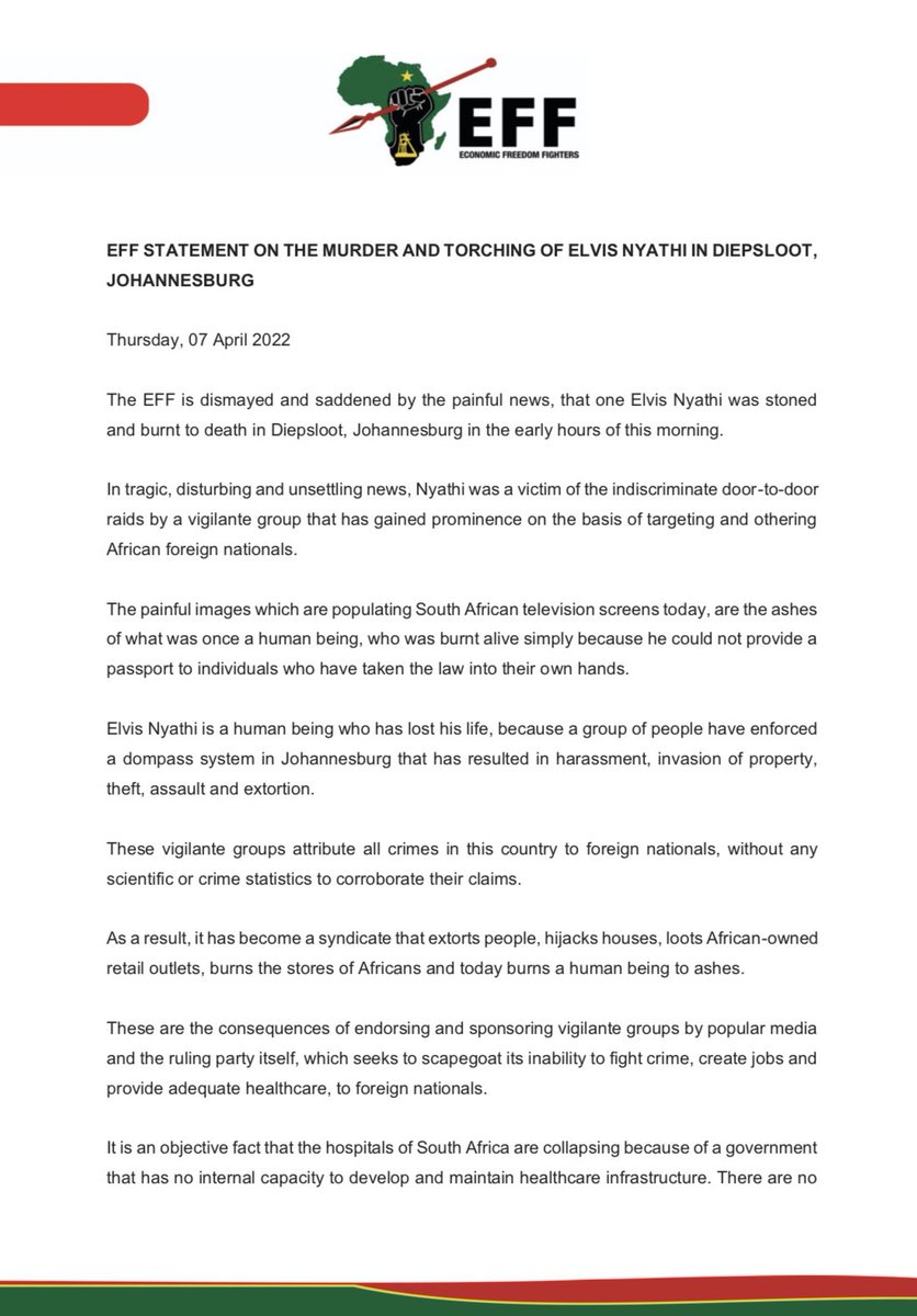 EFFSouthAfrica's tweet photo. EFF Statement On The Murder And Torching Of Elvis Nyathi In Diepsloot, Johannesburg https://t.co/MK95V4Sq3M
