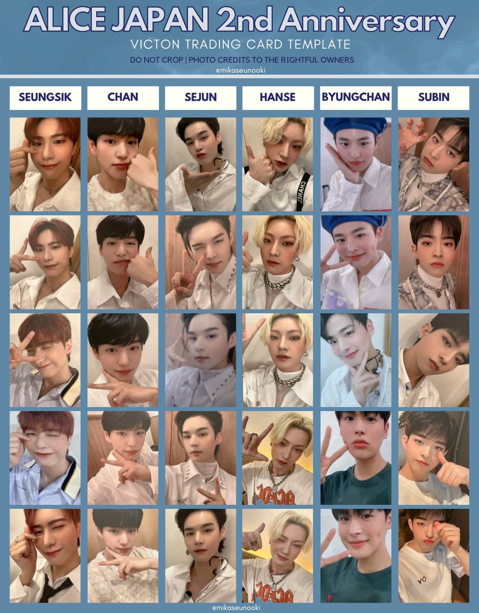 xoalsacchi's tweet photo. victon alice japan 2nd anniversary trading card photocard template list 

[COMPLETE]
gdrive: https://t.co/nfOKtPWnkz
↳ to be updated with HD photos, when available

victon pc template list 강승식 허찬 임세준 도한세 최병찬 정수빈 빅톤 포카 리스트 victon トレーディングカード https://t.co/BwbBtnQDz6