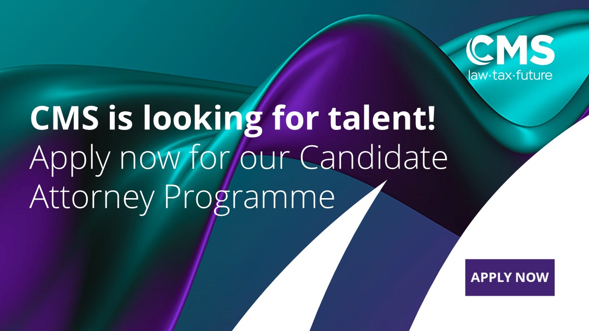 CMS_SouthAfrica's tweet photo. CMS is looking for talent!
We're looking for Candidate Attorney’s to join the CMS team.
Applications can be sent to recruitment@cms-rm.com
Applications close: 1 June 2022
#cms #cmslaw #candidateattorney #talentsearch #transformtheordinary https://t.co/wuiMfiCo9Q