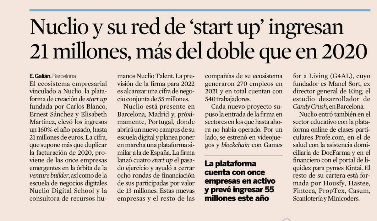 carlosblanco's tweet photo. Ayer salieron publicados en @Expansioncom @exp_catalunya y otros medios los resultados de @NuclioVB en 2021. El dato más importante es que ya damos empleo a más de 500 personas. Gracias a todo el equipo liderado por @ernestsanchez01 y @elisabethmtz 🚀 https://t.co/BpM2oWWupt