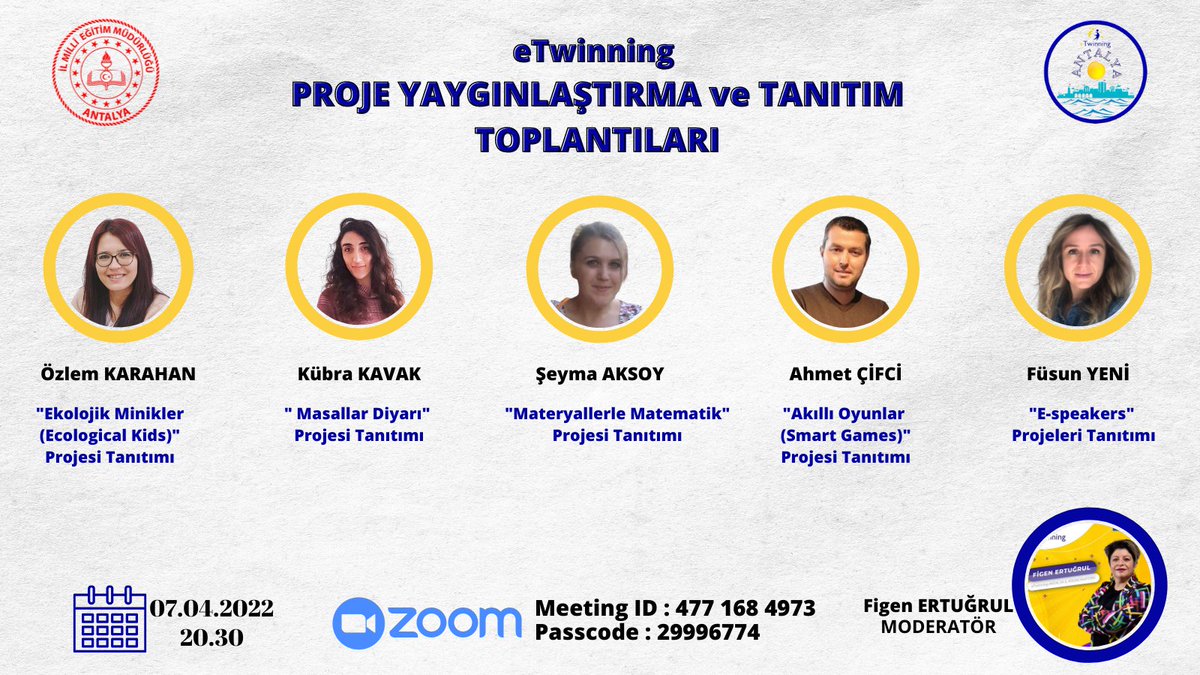 İl Milli Eğitim Müdürlüğümüz koordinesinde yürütülen eTwinning Proje Tanıtım ve Yaygınlaştırma Toplantılarının onikincisi 07.04.2022 Perşembe günü saat 20.30’da gerçekleştirilecektir.  
<a href="/tcmeb/">Millî Eğitim Bakanlığı</a>  
<a href="/AntalyaValilik/">T.C. Antalya Valiliği</a>  
<a href="/emre_caliskan/">Emre Çalışkan</a>   
<a href="/mkrksakcay/">MEHMET KARAKAŞ</a>