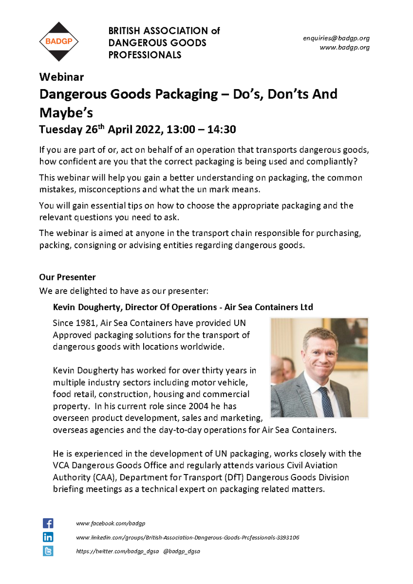 badgp_dgsa's tweet photo. New BADGP Webinar: Dangerous Goods Packaging - Do's, Don'ts And Maybe's, 26 April 2022, 1300 14:30 BST, presented by
Kevin Dougherty, Air Sea Containers Ltd. Free to members of BADGP & CHCS
https://t.co/IS7SYZNJP4
#webinar #packaging #dangerousgoods #badgp https://t.co/XSWKH7YMmG