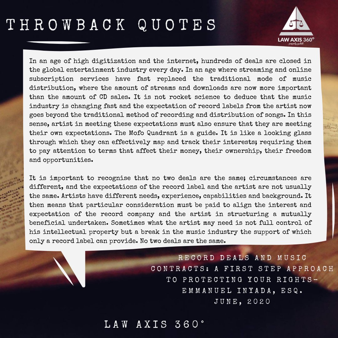 LawAxis360's tweet photo. Today, we throw it back to an article written by @mo_inyada on Record Deals and Music Contracts. He recommended few steps to protecting your rights as a party to such deal.

To read the article use the link

https://t.co/yUDA3N5eXg

DM to publish your article #ThrowbackThursday https://t.co/JdqsRuCf3U