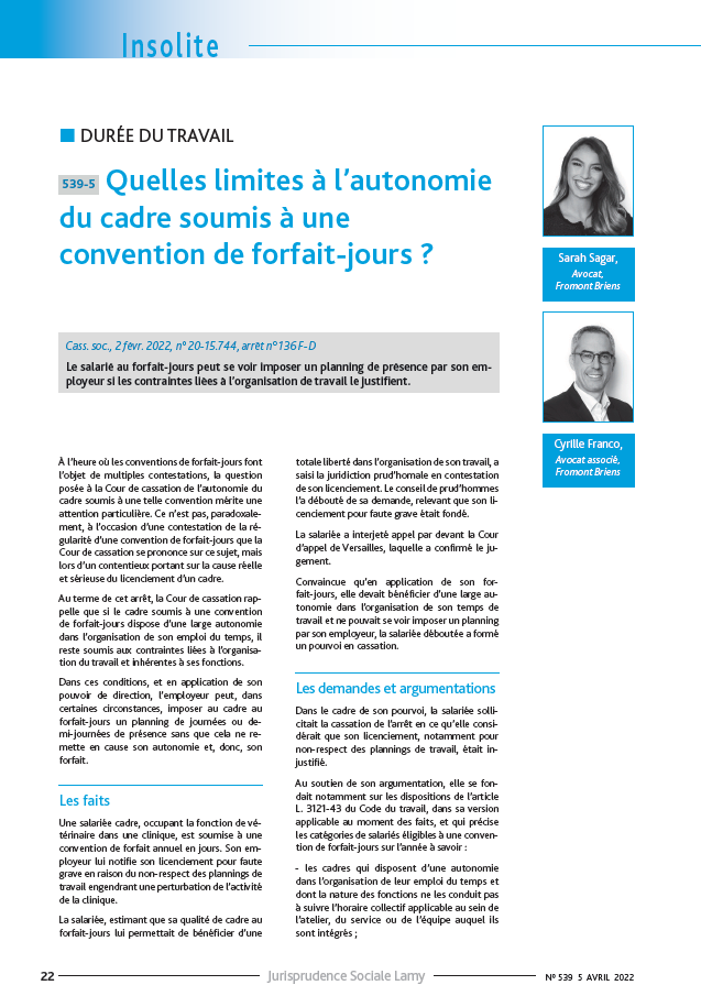 FromontBriens's tweet photo. 📰 ARTICLE | Quelles limites à l’autonomie du cadre soumis à une convention de forfait-jours ?
🔎 Cyrille Franco et Sarah Sagar vous proposent leurs éclairages dans un article du Jurisprudence Sociale Lamy par Liaisons Sociales 🎯
#FromontBriens #VisionMaker #droitsocial https://t.co/9P37YCEJ5L