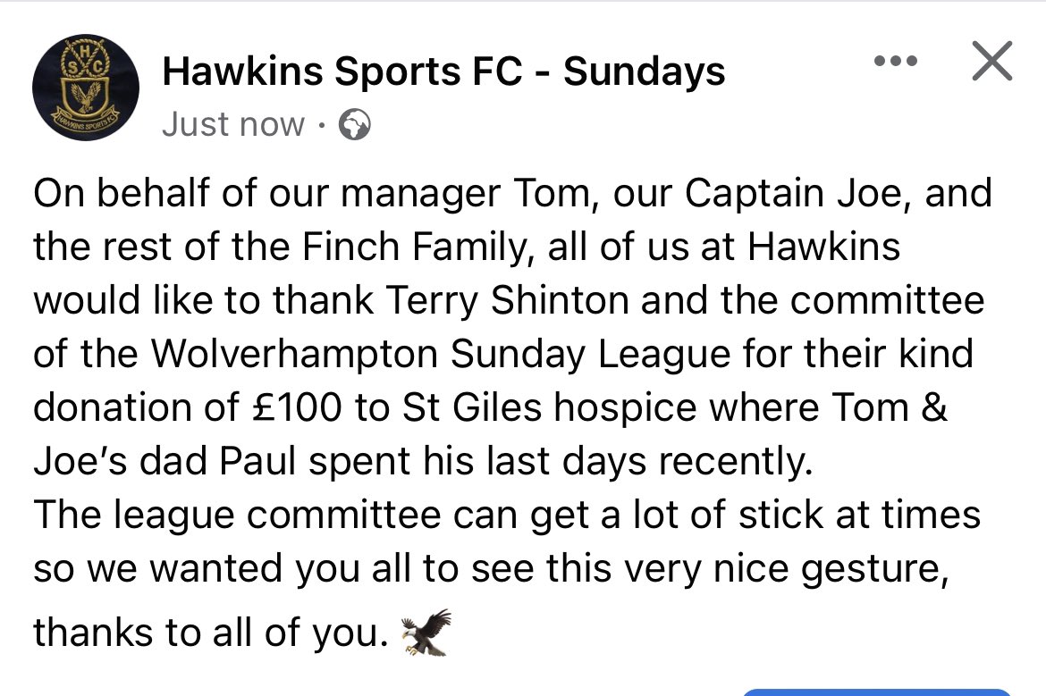 HawkinsSportsFC's tweet photo. Thanks to all at the Wolverhampton Sunday League 🦅 https://t.co/l8lAu0AyJM