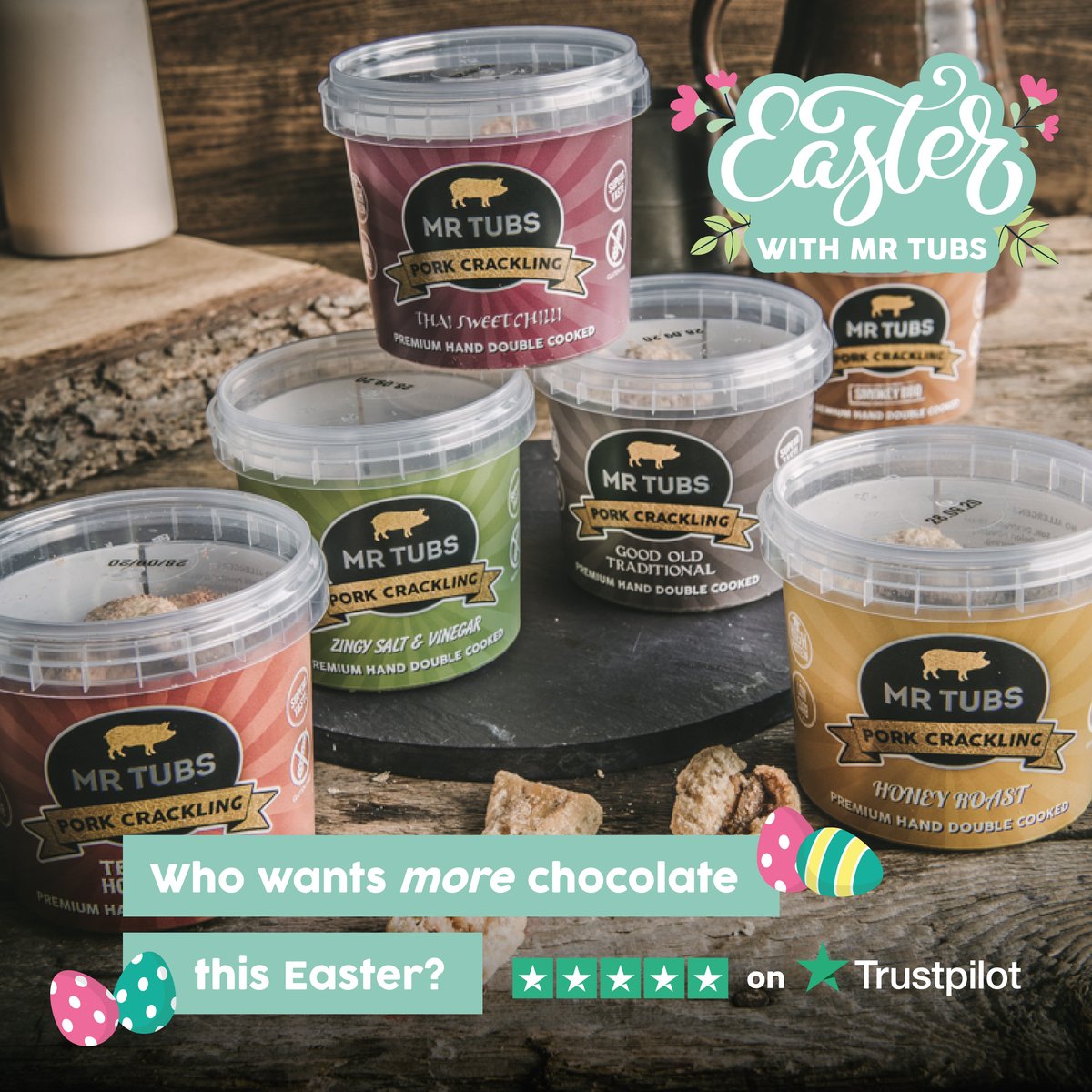 MrTubs_Net's tweet photo. Who wants 𝙢𝙤𝙧𝙚 chocolate this #Easter? 🍫🐣
Get them something 𝕕𝕚𝕗𝕗𝕖𝕣𝕖𝕟𝕥 this year, with Mr Tubs pork crackling! Our sn'outstanding range has flavours to excite all types of taste buds 😋

Shop now at https://t.co/VhCDOwWWxA ✅

#porkcrackling #porkscratchings https://t.co/luMSyR5AAr