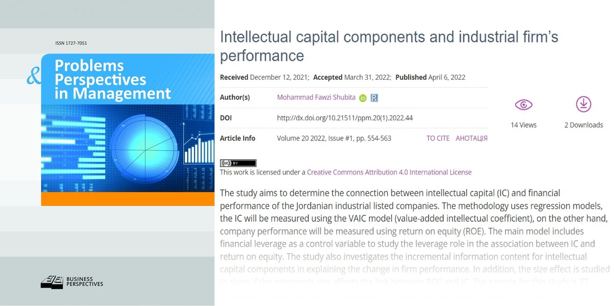 🔗 dx.doi.org/10.21511/ppm.2…
📘 Intellectual capital components and industrial firm’s performance
👤 Mohammad Fawzi Shubita 
#companyssize #industrysector #intellectualcapital #profitability #returnonequity