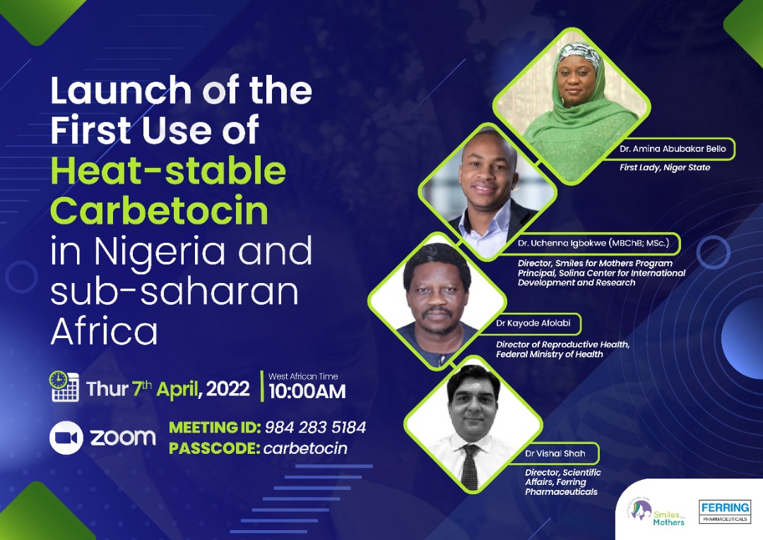 SCIDaR_'s tweet photo. Join us today at 10:00 am WAT as we celebrate the first administration of heat-stable carbetocin (HSC) in Nigeria and sub-Saharan Africa.
To participate, kindly register here:
https://t.co/NFYUIaeS46
#EndMaternalMortality
#GivingBirthinNigeria
#maternalhealth
#Uterotonics https://t.co/fyJX4EdLmS