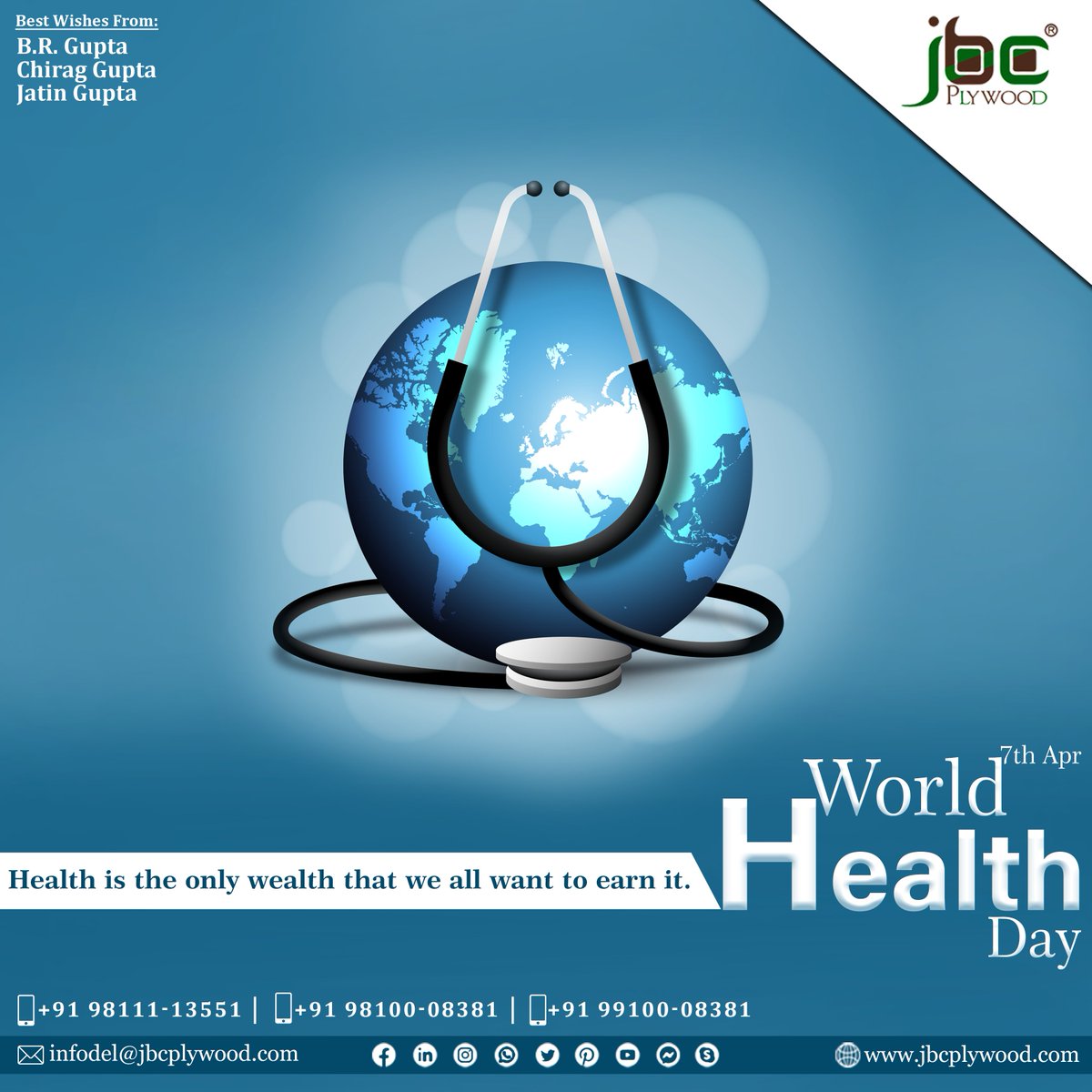 World Health Day
Health is the only wealth that we all want to earn it.
#jbc #plywood #jbcplywood #healthtips #health #healthylifestyle #healthyliving #healthyfood #fitness #healthy #nutrition #wellness #weightloss #healthyeating #healthcare #healthandwellness #healthiswealth