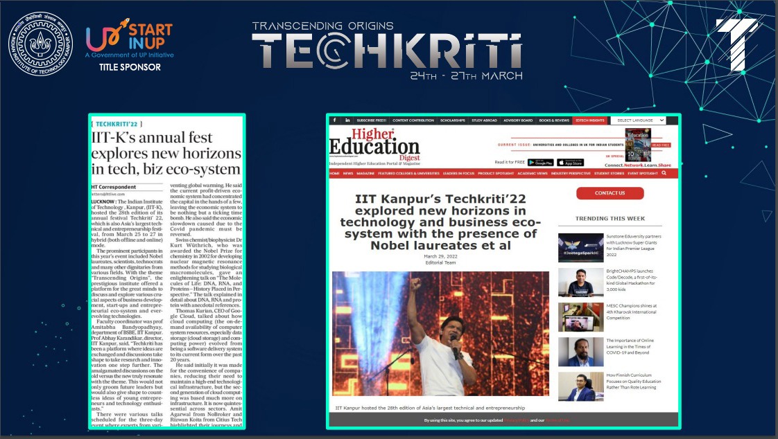 UPStartuppolicy's tweet photo. We congratulate @techkriti_iitk, @IITKanpur for successfully conducting the 28th edition of its annual festival Techkriti’ 22 supported by #StartInUP from 25th-27th Mar'22.
Sharing some glimpses of the media coverage that the event received.
#Econclave
#Techkriti22
#iitkanpur https://t.co/4qhUyUpbUz