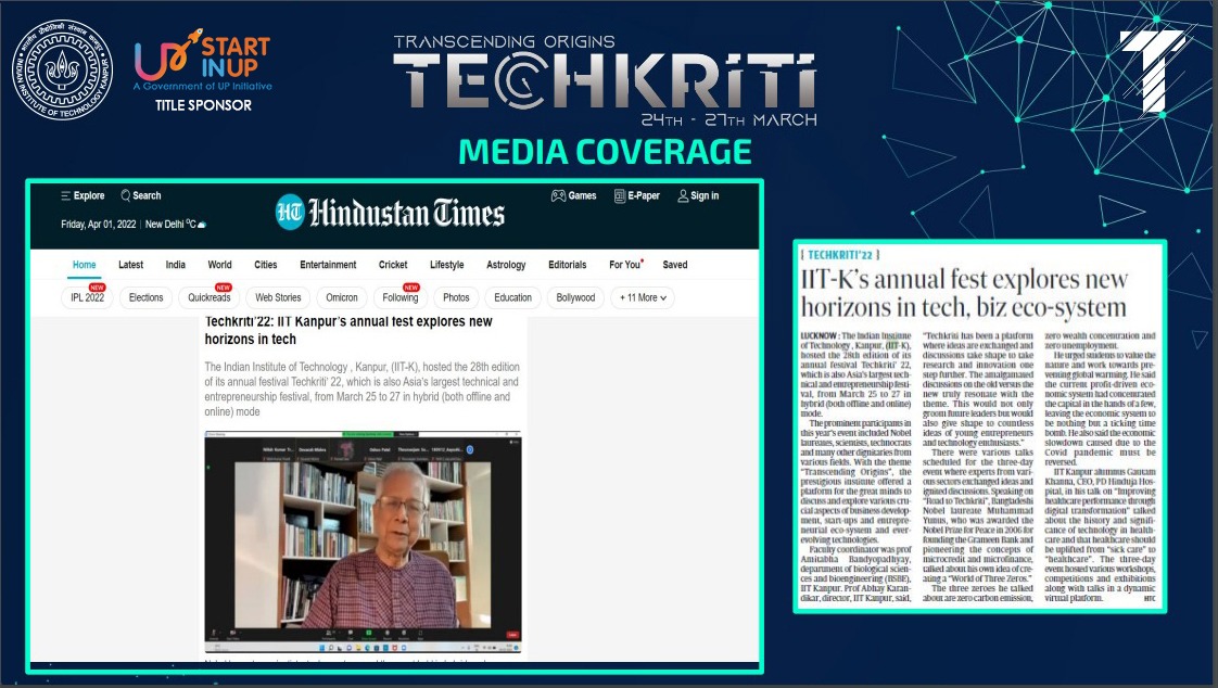 UPStartuppolicy's tweet photo. We congratulate @techkriti_iitk, @IITKanpur for successfully conducting the 28th edition of its annual festival Techkriti’ 22 supported by #StartInUP from 25th-27th Mar'22.
Sharing some glimpses of the media coverage that the event received.
#Econclave
#Techkriti22
#iitkanpur https://t.co/4qhUyUpbUz