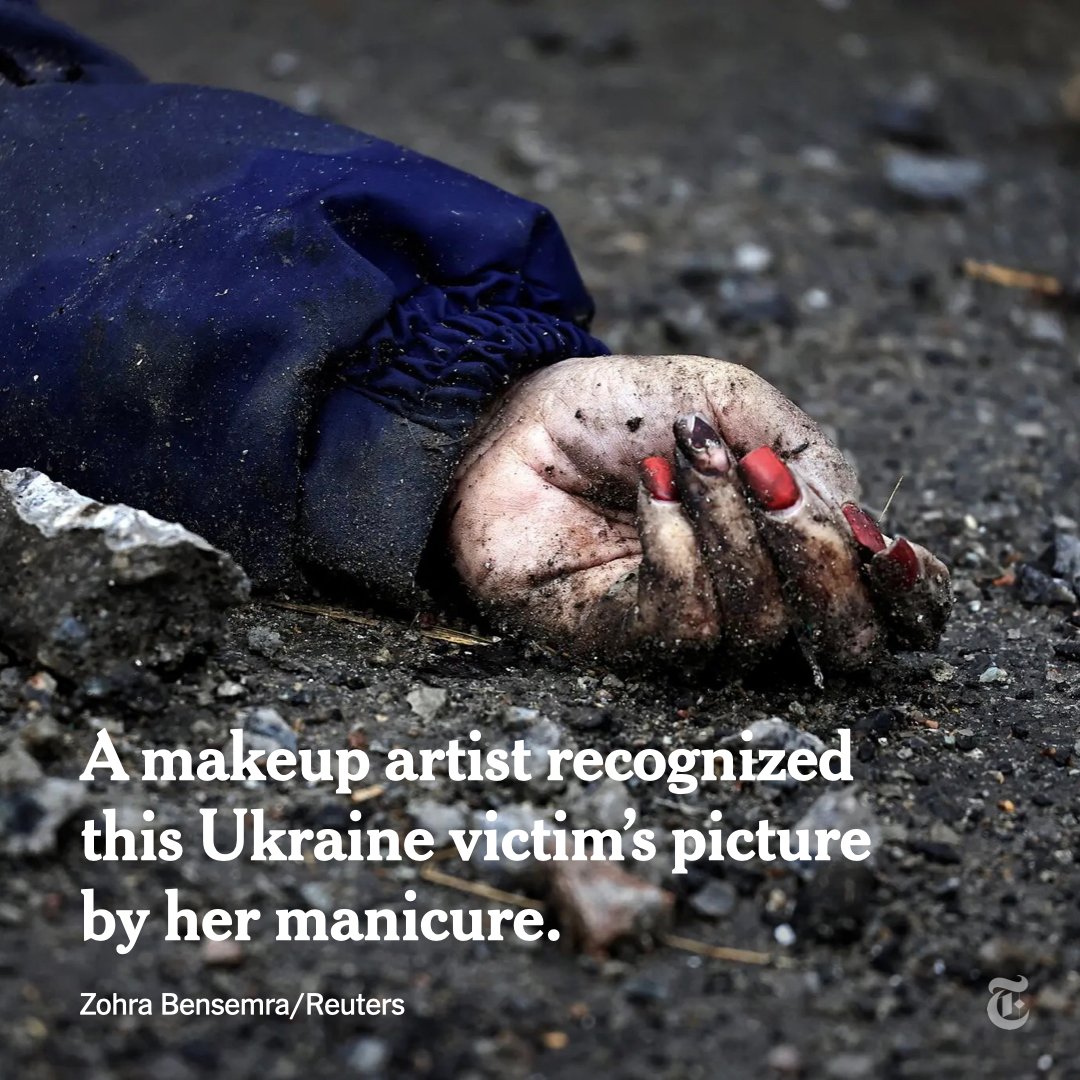 nytimes's tweet photo. A Ukrainian makeup artist recognized a manicured hand with red and white nail polish — one that she had seen many times holding a brush or lipstick during her makeup lessons — in an image from Bucha. Now, that hand lay lifeless, covered in dirt. https://t.co/fbN3qTSjPE https://t.co/Fgczq6tNfe