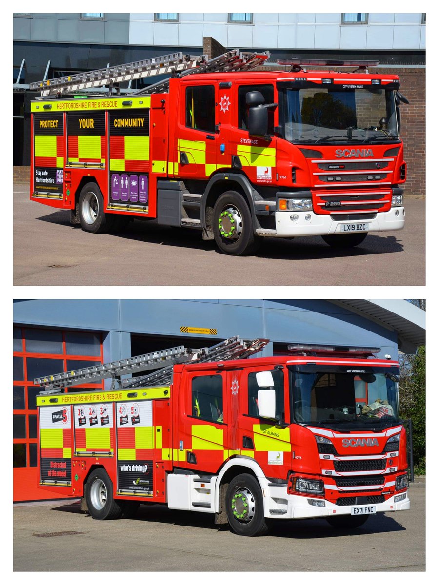 fireenguk's tweet photo. Some recent additions to the already superb @HFRS fleet! Like other appliances in the county of #Hertfordshire these appliances carry important safety messages!
All based on @ScaniaUK chassis with @EOneUKLtd bodies
#PlayYourPart 
#Fatal5
#MakingInclusionpartofourdna 
#PutItAway https://t.co/VsOPReocRA