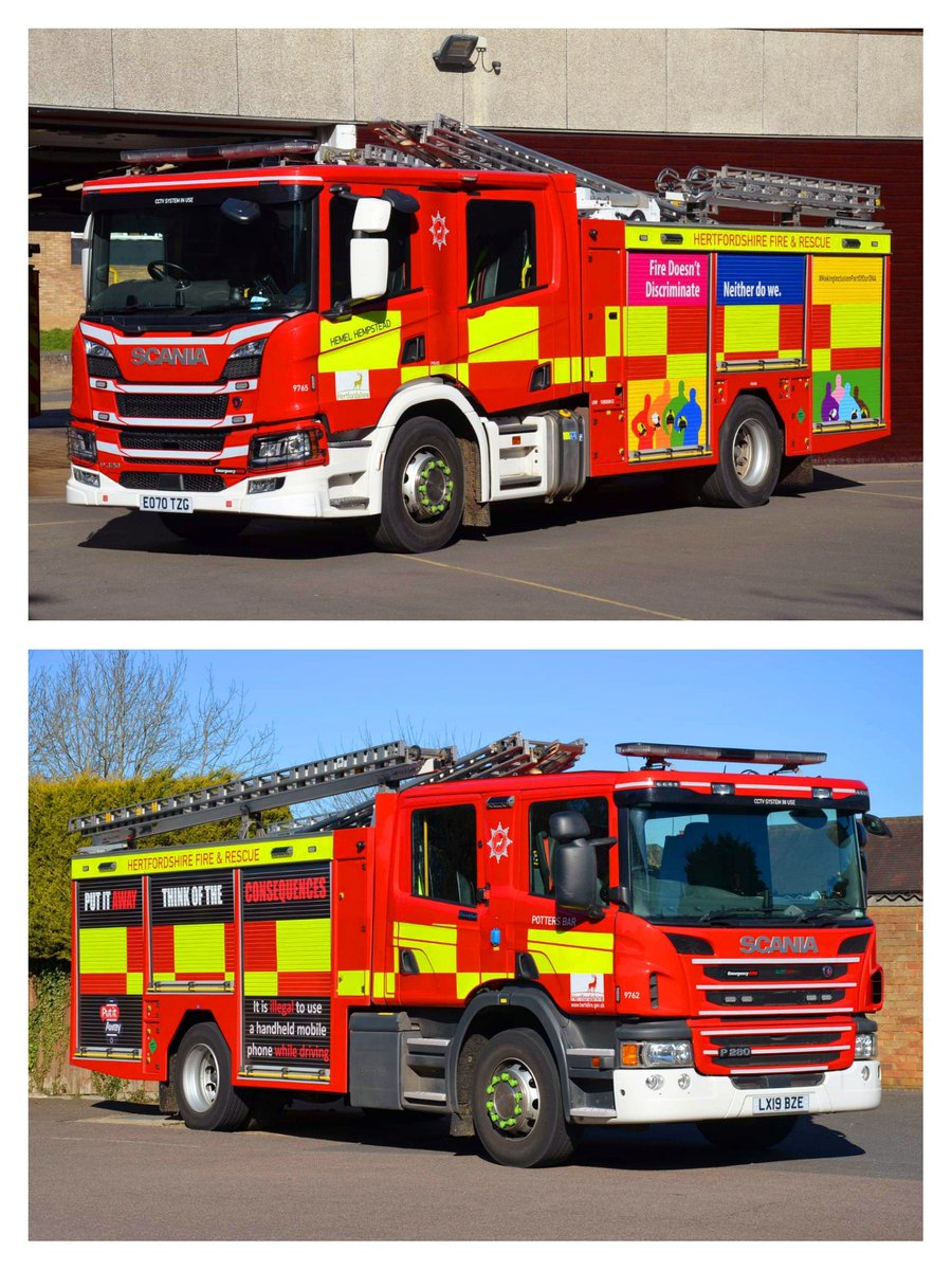 fireenguk's tweet photo. Some recent additions to the already superb @HFRS fleet! Like other appliances in the county of #Hertfordshire these appliances carry important safety messages!
All based on @ScaniaUK chassis with @EOneUKLtd bodies
#PlayYourPart 
#Fatal5
#MakingInclusionpartofourdna 
#PutItAway https://t.co/VsOPReocRA