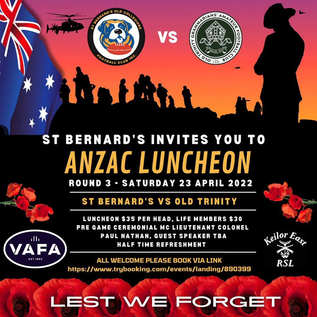 Please join us at our Anzac  Luncheon versus our rivals <a href="/oldtrinityfc/">Old Trinity FC</a> and our great award winning carvery luncheon with special guest speakers .. 👉Book now via link trybooking.com/events/landing…
—-
#WeAreStBernards #ForeverStrong #upthepit