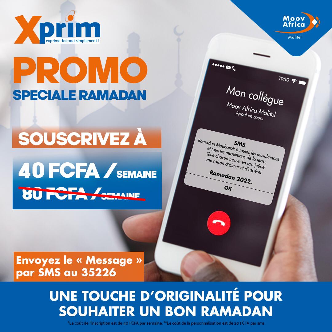 MoovAfrica_ml's tweet photo. ☪️Optez pour l’originalité en ce mois béni avec xprim.
🙏Souhaitez un excellent mois de Ramadan à vos proches en personnalisant votre message pour le Ramadan.
📱Souscrivez au 35226 à 40 Fcfa/semaine au lieu de 80 Fcfa.
#MoovAfricaMalitel #Xprim #Ramadan2022 https://t.co/j8ulgy6csO