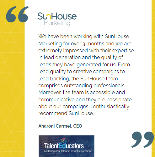 SunHouseMktg's tweet photo. Great to receive this testimonial from @talenteducators! This amazing project of The Jewish Agency for Israel & the Ministry of Diaspora Affairs addresses the challenge of recruiting and retaining high-quality Jewish educators.
#digitalleadgeneration #educationmarketing https://t.co/NQMHDB570a