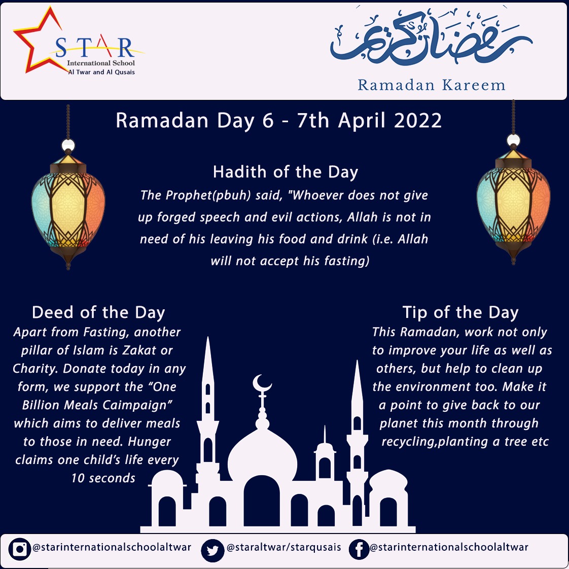 oDolllyaraltwar's tweet photo. Ramadan Mubarak 
Star International School (Al Twar and Al Qusais) shares thoughts in this 'blessed' month. @staraltwar @StarQusais @KHDA @KyleKnott12 #SuccessfullyStar #khda #eduTwitter #CollabUAE #headteacherchat #SLTCHAT #Educatorsinpink @MariyamBaxamusa @sherohegazy https://t.co/cRBUSidK6F