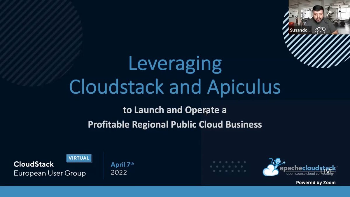 CloudStack's tweet photo. A talk by @Sunando starts now! Learn the primary reasons why CSPs prefer #CloudStack over the OtherStack and how @IndiQus is combining CloudStack with their platform Apiculus, to deliver a Cloud Business platform. #CSEUGvirtual #Apiculus https://t.co/4EYIuGwJ2L