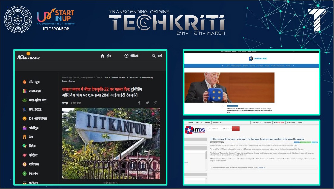 UPStartuppolicy's tweet photo. We congratulate @techkriti_iitk, @IITKanpur for successfully conducting the 28th edition of its annual festival Techkriti’ 22 supported by #StartInUP from 25th-27th Mar'22.
Sharing some glimpses of the media coverage that the event received.
#Econclave
#Techkriti22
#iitkanpur https://t.co/4qhUyUpbUz