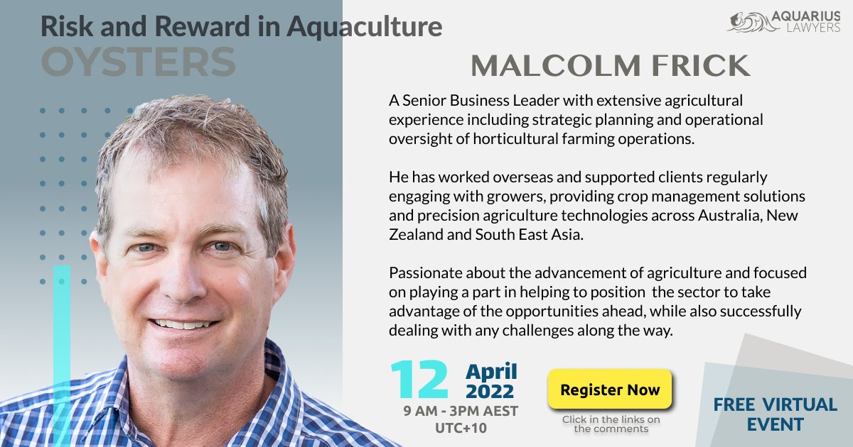 Introducing one of our speakers for the upcoming event, Risk and Reward #Aquaculture - #Oysters: Malcolm Frick: Director of PeritusAg. 

To watch the Live event register here: cvent.me/Z1XXam?RefId=h…
#oysterfarmer #oysteraquaculture #agribusiness #oystergrower