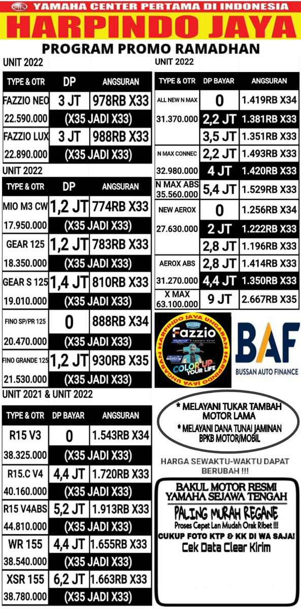 SPESIAL PROMO APRIL  CERIA 
BEBAS DP...!!!
Cukup dirumah saja wa kami
✅ Tanpa Dp
✅ Gratis Angsuran
✅ Gratis Service 4x Oli 1x
✅ Syarat Foto KTP &amp; KK kirim Wa
✅ Melayani tukar tambah
✅ Proses kami cepat tidak ribet
Info hub : 
NIKO 
Klik wa.me/6281228726639