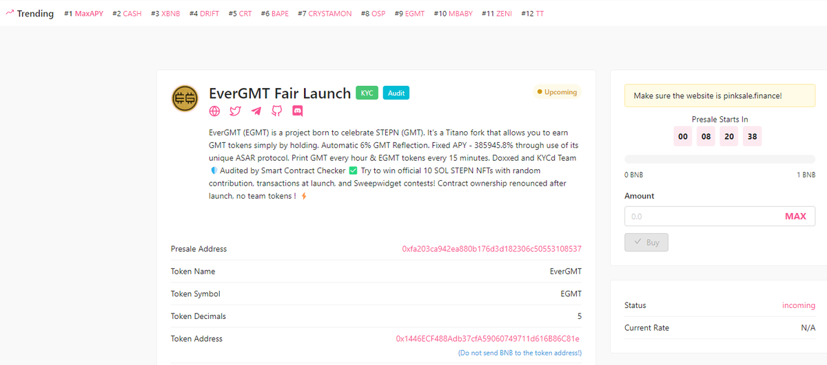 EverGMT's tweet photo. We are in Trending on Pinksale! @pinkecosystem 

#cryptocurrency #crypto #BSC #BSCGem #BSCGemAlert #token #coin #BNBchain #BNB #binance #BinanceSmartChain #NFT #STEPN #GMT #evergmt https://t.co/Gi5i6iH0YV
